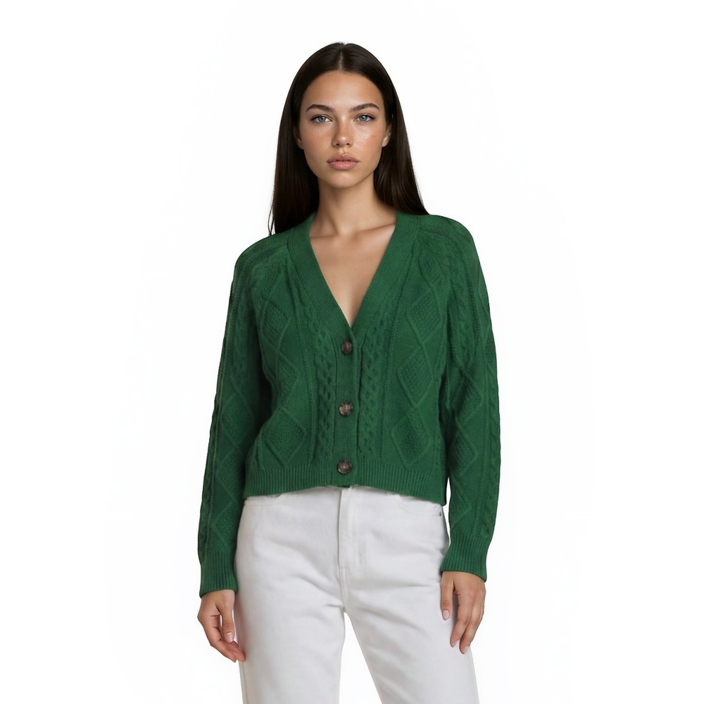 Madewell Cardigan Sweater Women's Size Small Green Wool Blend V Neck Button Crop